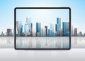 Transparent tablet computer screen cityscape background realistic gadgets and devices concept