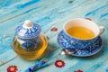 Transparent teapot and cup of tea