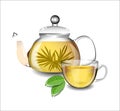 Transparent teapot and a cup of tea. Royalty Free Stock Photo