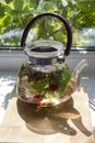 Transparent teapot with green tea and herbals