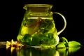Transparent teapot of green tea with lemon and mint with ingredients. Jar of  green tea with lime, lemon, mint Royalty Free Stock Photo