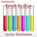 Transparent test tubes with colored liquids.