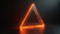 Transparent triangle shape glows with orange light and sparkles. Abstract geometric object on dark reflective surface creates Royalty Free Stock Photo