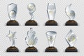 Transparent trophies. Realistic crystal glass awards with text, isolated competition cups stars and prizes. Vector isolated set