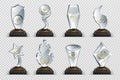 Transparent trophies. Realistic crystal glass awards with text, isolated competition cups stars and prizes. Vector