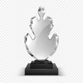 Transparent trophies. Realistic glass crystal awards, 3D winner cup on square black stand. Isolated prize for