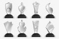 Transparent trophies. Realistic glass crystal awards, winner prizes stars and cups, 3D championship award collection. Vector set