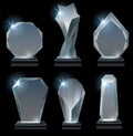 Transparent trophy awards. Glass award on stand, acrylic awards trophies and clear winner crystal realistic vector set Royalty Free Stock Photo