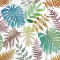 Transparent tropical leaves seamless pattern, Watercolor translucent foliage, Exotic Summer leafy repeated backdrop,