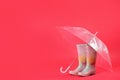 Transparent umbrella and colorful rubber boots on background. Space for text Royalty Free Stock Photo