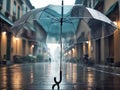 Transparent umbrella in rain on city street, on paving stones