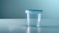 Transparent urine analysis container with lid. Clear specimen cup on a blue backdrop. Concept of urinalysis, medical