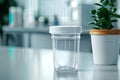 Transparent urine analysis container with lid. Clear specimen cup on a blurred backdrop of laboratory. Concept of