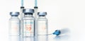 Transparent vials, syringes with new vaccine for covid-19 coronavirus, flu, infectious diseases. Injection after clinical trials