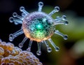 Transparent virus particle with glowing core and bubble texture floating above surface, detailed microscopic organism with Royalty Free Stock Photo