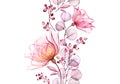 Transparent watercolor rose. Seamless vertical border floral illustration. Isolated hand drawn arrangement with berries