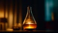 Transparent whiskey bottle illuminates dark laboratory table, elegant celebration generated by AI
