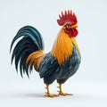 A transparent white background image of a 3D cartoon rooster with a rainbow-colored tail. Royalty Free Stock Photo