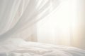 Transparent white curtain tulle from window in bedroom. Sunny morning in bedroom, fresh air window curtain with sunlight Royalty Free Stock Photo