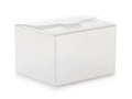 A transparent white plastic box with a lid slightly opened and standing upright against a white background Royalty Free Stock Photo