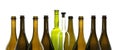 Transparent wine bottle, green wine bottle, brown wine bottles on white background Royalty Free Stock Photo