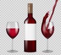 Transparent wine bottle and wineglasses mockup. red wine splash in bottle and glasses isolated. Vector illustration. Royalty Free Stock Photo