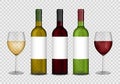 Transparent wine bottles and wineglasses mockup. red and white wine in bottle and glasses . Vector illustration. Royalty Free Stock Photo