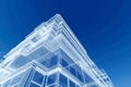 Transparent wireframe architectural rendering of a modern multi-level building with detailed structural elements set against a Royalty Free Stock Photo