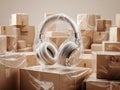 Transparent-wrapped high-end white over-ear headphones on table, surrounded by assorted cardboard boxes against a light wall Royalty Free Stock Photo