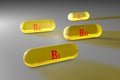 Transparent yellow vitamin B1, B2, B6, B12 capsules. Vitamin and mineral complex. 3d illustration
