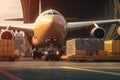 Transport aircraft in the airport cargo terminal. Large bales on trolleys ready for loading from hangar into the Royalty Free Stock Photo