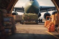 Transport aircraft in the airport cargo terminal. Large bales on trolleys ready for loading from hangar into the Royalty Free Stock Photo