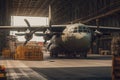 Transport aircraft in the hangar of cargo terminal. Large bales on the trolley ready for loading into the plane's Royalty Free Stock Photo