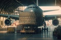 Transport aircraft in the hangar of cargo terminal. Large bales on the trolley ready for loading into the plane's Royalty Free Stock Photo