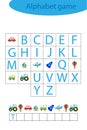 Transport alphabet game for children, make a word, preschool worksheet activity for kids, educational spelling scramble