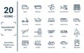 transport.aytan linear icon set. includes thin line minivan, kick scooter, dugout canoe, cruiser, underground, wagon, yawl icons