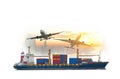 Transport of cargo planes and container ships. industrial logistics business import and export Global business and transportation Royalty Free Stock Photo