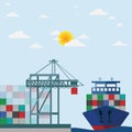 Transport cargo sea ship loading containers by harbor crane in shipping port vector illustration Royalty Free Stock Photo