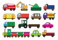 Transport cartoon, set. Surface modes of transport. Car, bus, train, fire truck, concrete mixer, dump truck, truck, train, tractor