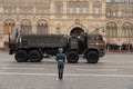 Transport and charging vehicle of the engineering system of remote mining at the military parade in honor of Victory Day on Moscow Royalty Free Stock Photo