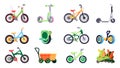 Transport for children. Cartoon kids and teen bicycle scoother, colorful toddlers skate, three wheels bike, rollers Royalty Free Stock Photo