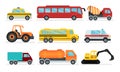 Transport Collection, Taxi Car, Bus, Cement Truck, Tractor, Ambulance, Lorry, Bulldozer Vector Illustration