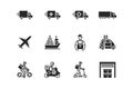 Transport company flat glyph icon set. Vector illustration food and delivery service silhouette. Transportation of cargo