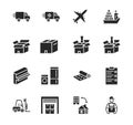 Transport company flat glyph icon set. Vector illustration moving company. Transportation of cargo. Worldwide delivery