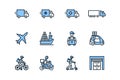 Transport company flat line icon set blue color. Vector illustration food and delivery service. Transportation of cargo