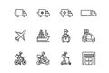 Transport company flat line icon set. Vector illustration food and delivery service. Transportation of cargo. Worldwide