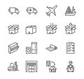 Transport company flat line icon set. Vector illustration moving company. Transportation of cargo. Worldwide delivery