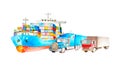 Transport concept from watercolor cargo ship and two medium and heavy tonnage trucks on a white background isolated Royalty Free Stock Photo