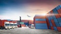 Transport of container handler loading and unloading with truck at container yard, cargo airplane, Logistics import export goods Royalty Free Stock Photo