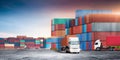 Transport of container truck at shipping depot dock yard background with stack colorful containers box, Logistics import export Royalty Free Stock Photo